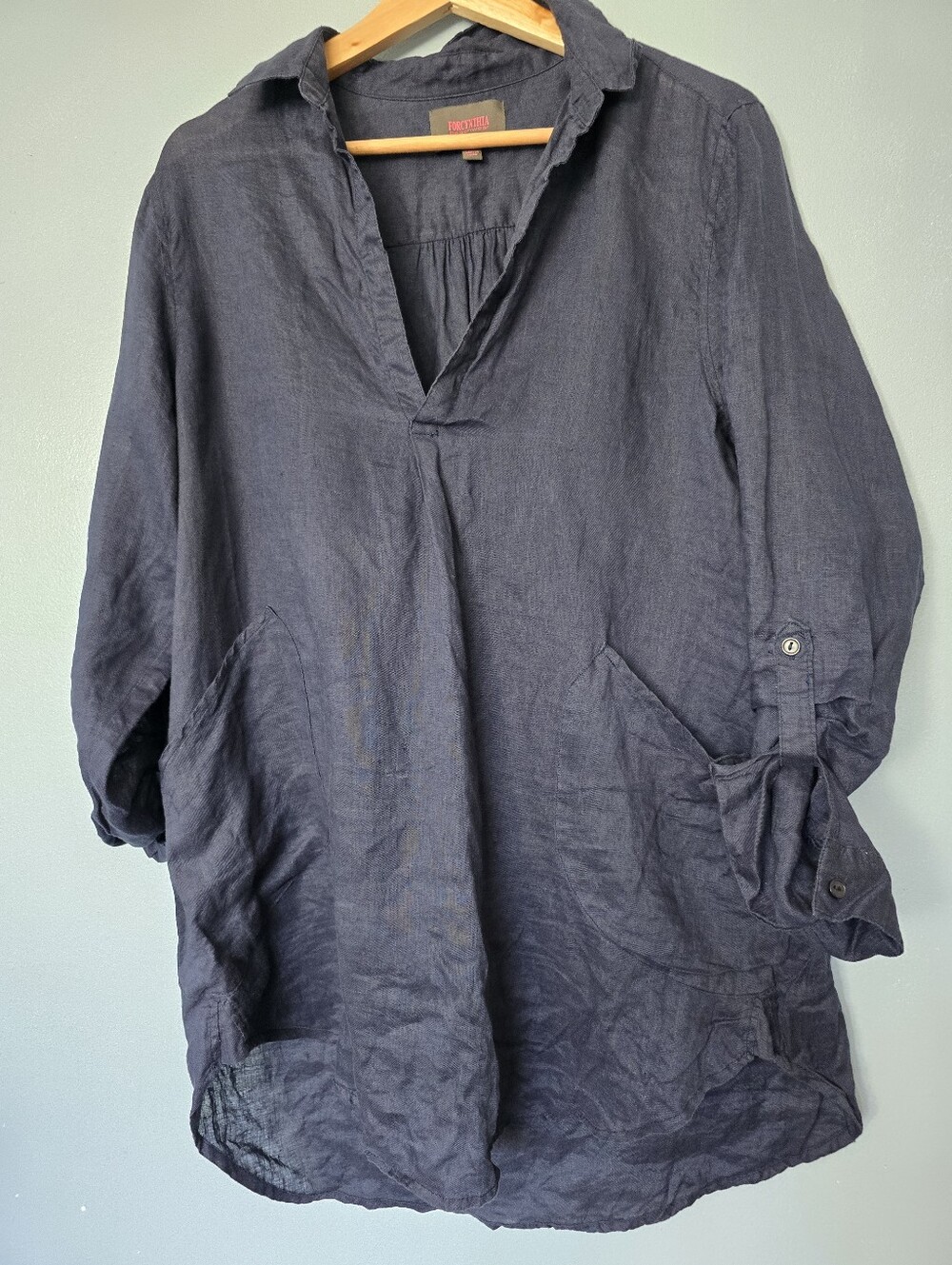 For Cynthia Beachwear Navy Linen Casual Button-Down Tunic Shirt Coverup M
